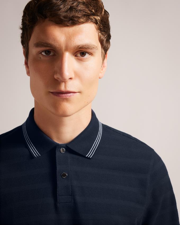 Polo Ted Baker Long Sleeve Textured Stripe Bleu Marine Homme | QAS-63300720